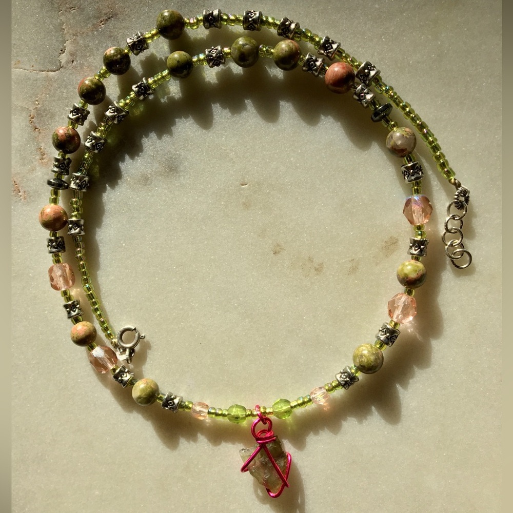 Natural Moldavite Necklace with Unakite Stones, Czech Crystals & Wire Wrapped  💖 - Picture 9 of 15